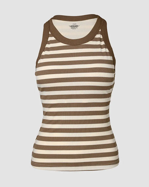 ChicMe Built-in Bra Striped Round Neck Bra Ribbed Tank Top khaki