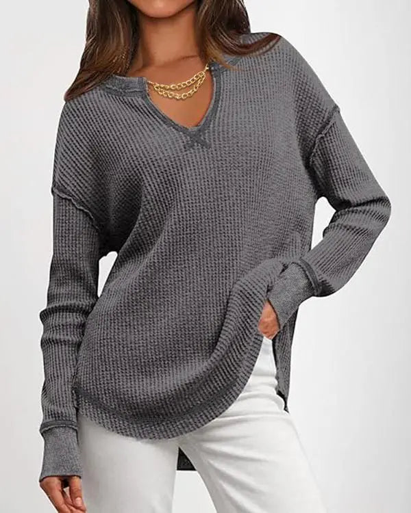 Waffle Knit Notch Neck Long Sleeve Top Slit Casual Pullover Tee with Detachable Chain gray
