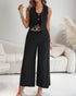 2 Pieces Outfits V Neck Sleeveless Button Front Vest Crop Top and Casual Zipper Fly Elastic Back Waist Wide Leg Pants Set black