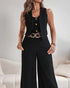 2 Pieces Outfits V Neck Sleeveless Button Front Vest Crop Top and Casual Zipper Fly Elastic Back Waist Wide Leg Pants Set black