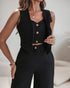 2 Pieces Outfits V Neck Sleeveless Button Front Vest Crop Top and Casual Zipper Fly Elastic Back Waist Wide Leg Pants Set black