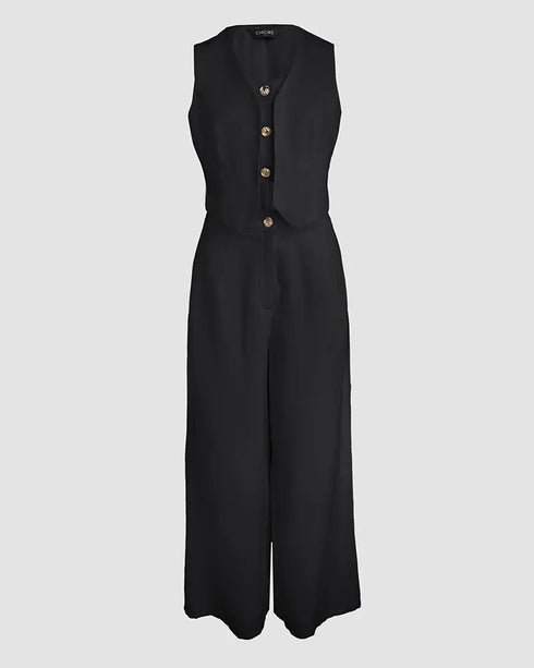 2 Pieces Outfits V Neck Sleeveless Button Front Vest Crop Top and Casual Zipper Fly Elastic Back Waist Wide Leg Pants Set black