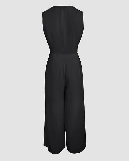 2 Pieces Outfits V Neck Sleeveless Button Front Vest Crop Top and Casual Zipper Fly Elastic Back Waist Wide Leg Pants Set black