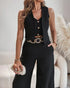 2 Pieces Outfits V Neck Sleeveless Button Front Vest Crop Top and Casual Zipper Fly Elastic Back Waist Wide Leg Pants Set black