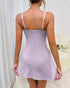 Ribbed V-Neck Spaghetti Strap Contrast Lace Bowknot Decor Mini Sleepdress Slit Nightgown purple
