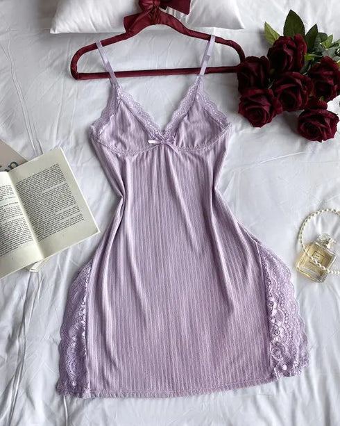 Butterfly Leopard Print Bowknot Decor Lace Patch Sleep Dress purple