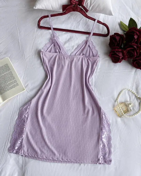 2 Piece Lace Trim Side Slit Bowknot Decor Modal Cami Sleep Dress Cardigan Nightdress Set purple