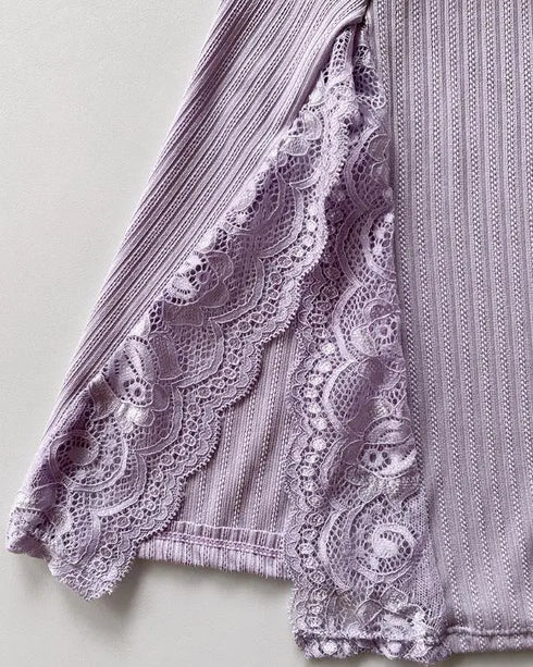 Ribbed V-Neck Spaghetti Strap Contrast Lace Bowknot Decor Mini Sleepdress Slit Nightgown purple
