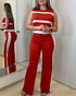 Striped Print Round Neck Sleeveless Top and Casual Elastic Waist Drawstring Pants Sets red