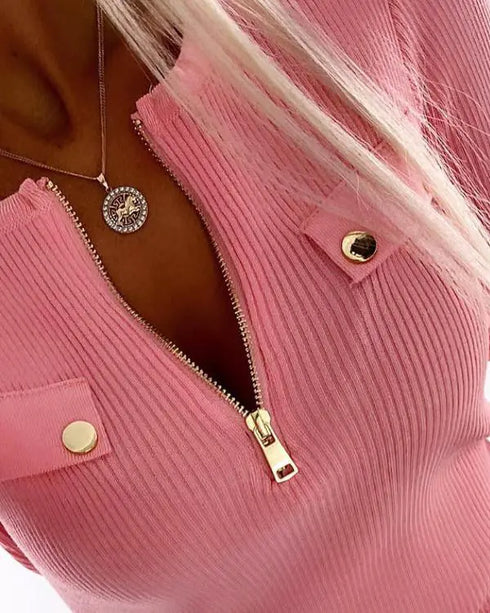 Crewneck Half Zipper Flap Detail Knit Sweater Long Sleeve Slim Fit Ribbed Pullover Top pink