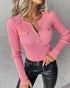 Crewneck Half Zipper Flap Detail Knit Sweater Long Sleeve Slim Fit Ribbed Pullover Top pink