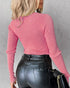 Crewneck Half Zipper Flap Detail Knit Sweater Long Sleeve Slim Fit Ribbed Pullover Top pink