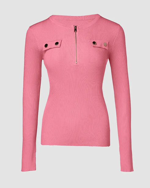 Crewneck Half Zipper Flap Detail Knit Sweater Long Sleeve Slim Fit Ribbed Pullover Top pink