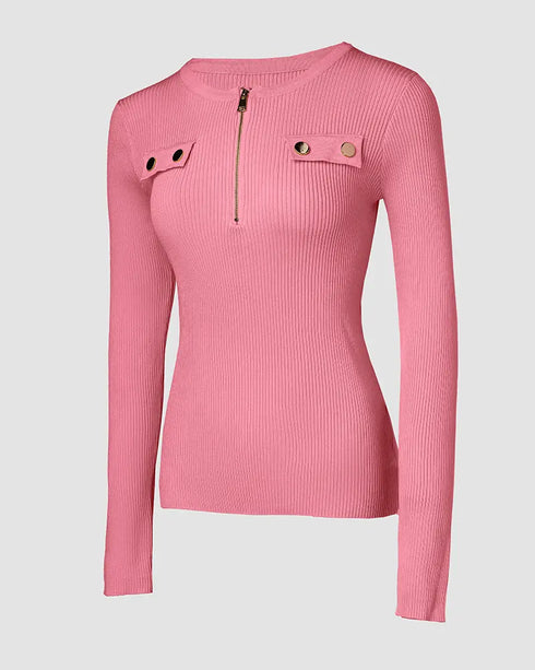 Crewneck Long Sleeve Ribbed Top Half Zipper Design Casual Pullover Tops pink