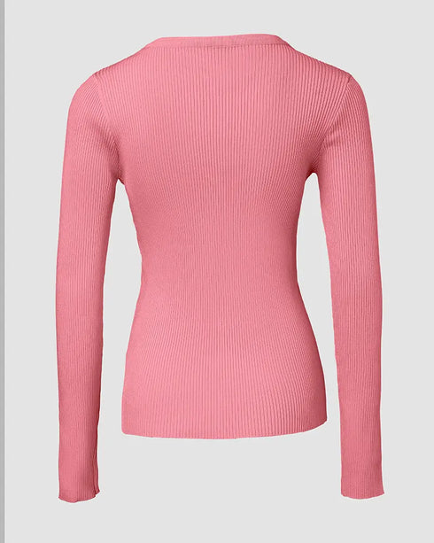 Crewneck Half Zipper Flap Detail Knit Sweater Long Sleeve Slim Fit Ribbed Pullover Top pink