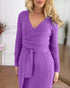 Cable Textured Overlap Deep V-Neck Long Sleeve Mid-Length Dress Tie Waist Slim Fit Knit Dress purple
