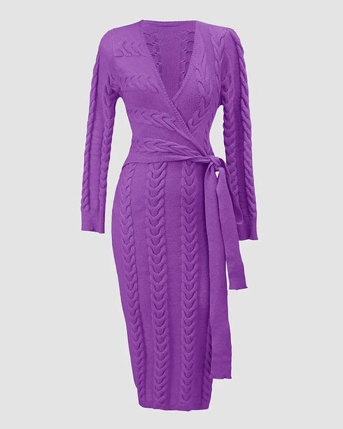 Cable Textured Overlap Deep V-Neck Long Sleeve Mid-Length Dress Tie Waist Slim Fit Knit Dress purple
