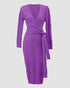Cable Textured Overlap Deep V-Neck Long Sleeve Mid-Length Dress Tie Waist Slim Fit Knit Dress purple