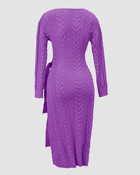 Cable Textured Overlap Deep V-Neck Long Sleeve Mid-Length Dress Tie Waist Slim Fit Knit Dress purple