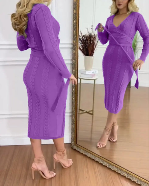 Cable Textured Overlap Deep V-Neck Long Sleeve Mid-Length Dress Tie Waist Slim Fit Knit Dress purple