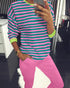 2PCS Striped Colorblock Round Neck Long Sleeve Pajamas Set hot pink