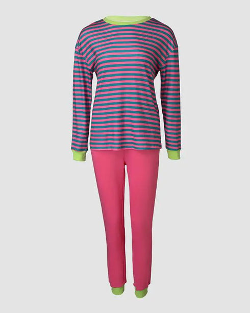 2PCS Striped Colorblock Round Neck Long Sleeve Pajamas Set hot pink