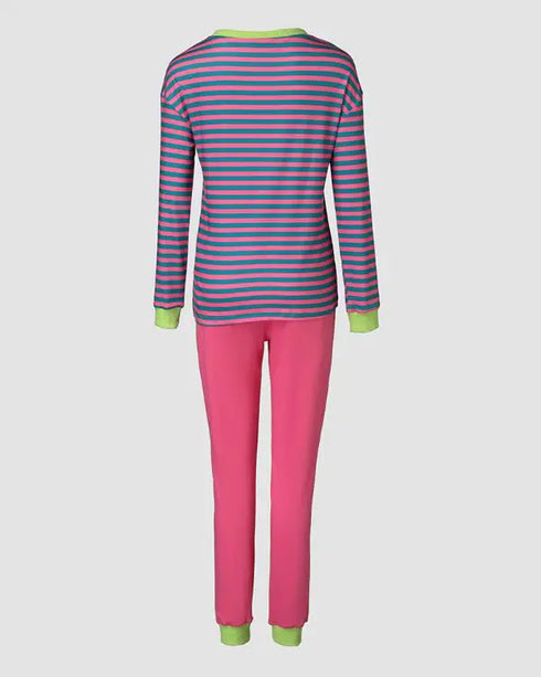 2PCS Striped Colorblock Round Neck Long Sleeve Pajamas Set hot pink