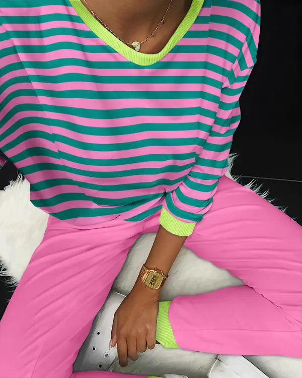 2PCS Striped Colorblock Round Neck Long Sleeve Pajamas Set hot pink