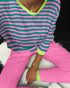 2PCS Striped Colorblock Round Neck Long Sleeve Pajamas Set hot pink