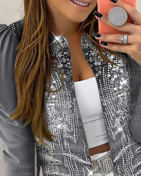 Jacquard & Argyle Pattern Open Front Jacket Casual Crop Coat gray