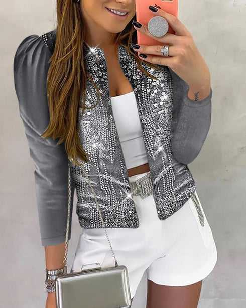 Jacquard & Argyle Pattern Open Front Jacket Casual Crop Coat gray