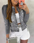 Jacquard & Argyle Pattern Open Front Jacket Casual Crop Coat gray