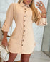 Plaid Pattern Side Drawstring Buttoned Shirt Dress Apricot