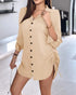 Button Down Shirt Dress Roll Tab Sleeve Side Drawstring Mini Dresses Apricot