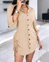 Button Down Shirt Dress Roll Tab Sleeve Side Drawstring Mini Dresses Apricot
