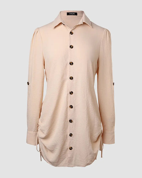 Button Down Shirt Dress Roll Tab Sleeve Side Drawstring Mini Dresses Apricot