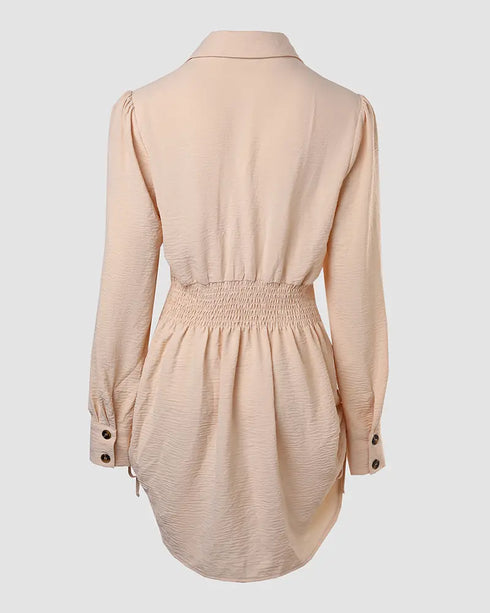 Plaid Pattern Side Drawstring Buttoned Shirt Dress Apricot