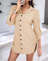 Button Down Shirt Dress Roll Tab Sleeve Side Drawstring Mini Dresses Apricot