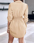 Plaid Pattern Side Drawstring Buttoned Shirt Dress Apricot