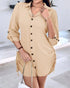 Button Down Shirt Dress Roll Tab Sleeve Side Drawstring Mini Dresses Apricot
