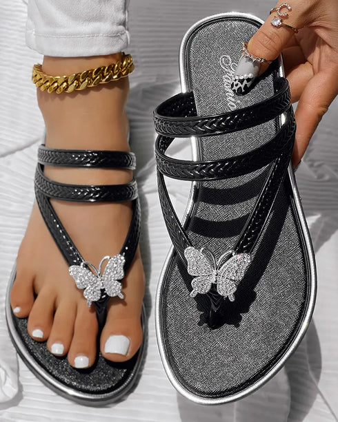 Butterfly Pattern Rhinestone Toe Post Flip Flops black
