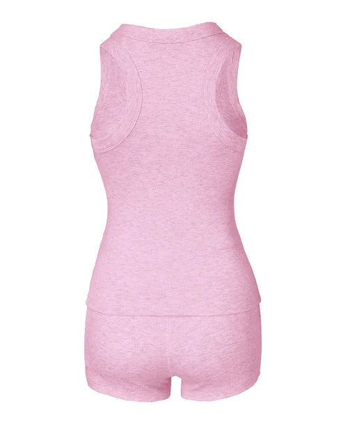 2 Pieces Outfit Floral Print U-Neck Tank Top and Elastic Waist Shorts Set Slim Fit Ribbed Set pink