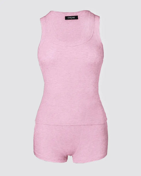 2 Pieces Outfit Floral Print U-Neck Tank Top and Elastic Waist Shorts Set Slim Fit Ribbed Set pink