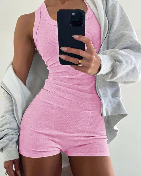 2 Pieces Outfit Bowknot Decor Notch Neck Adjustable Straps Ruffles Camisole Top and Elastic Waist Shorts Set Casual Ditsy Floral Print Frill Trim Jacquard Textured Pajamas Set pink