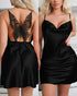 Contrast Lace Butterfly Cowl Neck Spaghetti Strap Satin Sleep Dress Sexy Slim Fit Babydoll black