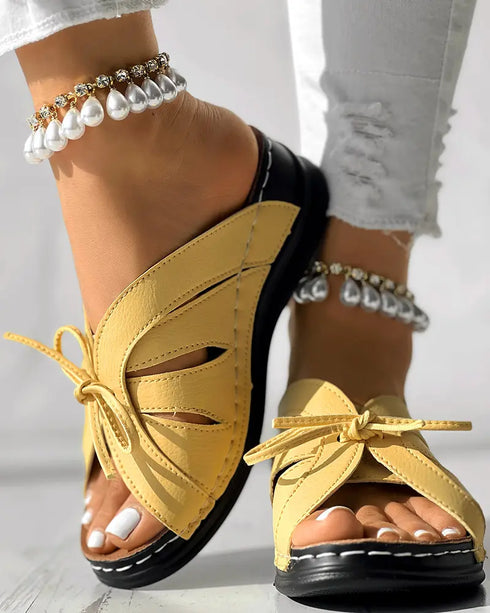 Hollow Out Tied Detail Wedge Slippers yellow