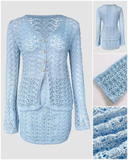 2 Pieces Outfit Deep V-Neck Flare Sleeve Half Pearl Button Front Slit Top and Elastic Waist Skirt Set Casual Slim Fit Knit Set blue