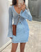 2 Pieces Outfit Deep V-Neck Flare Sleeve Half Pearl Button Front Slit Top and Elastic Waist Skirt Set Casual Slim Fit Knit Set blue