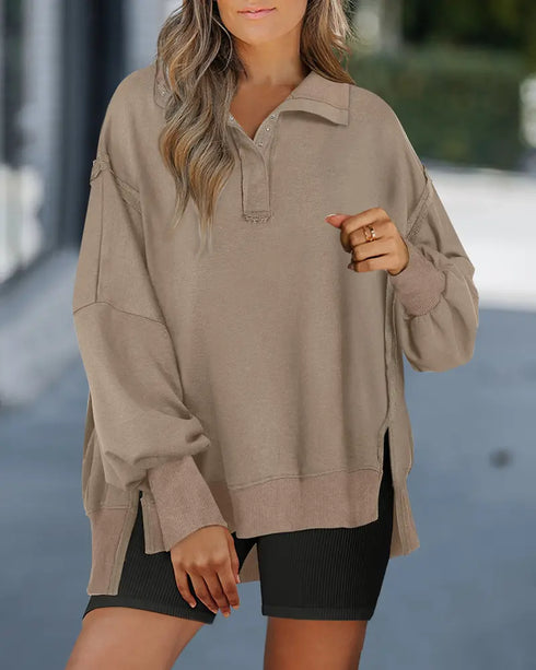 Polo Collar Long Sleeve Sweatshirt Loose Fit Side Slit Dip Hem Casual Top khaki