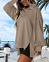 Polo Collar Long Sleeve Sweatshirt Loose Fit Side Slit Dip Hem Casual Top khaki